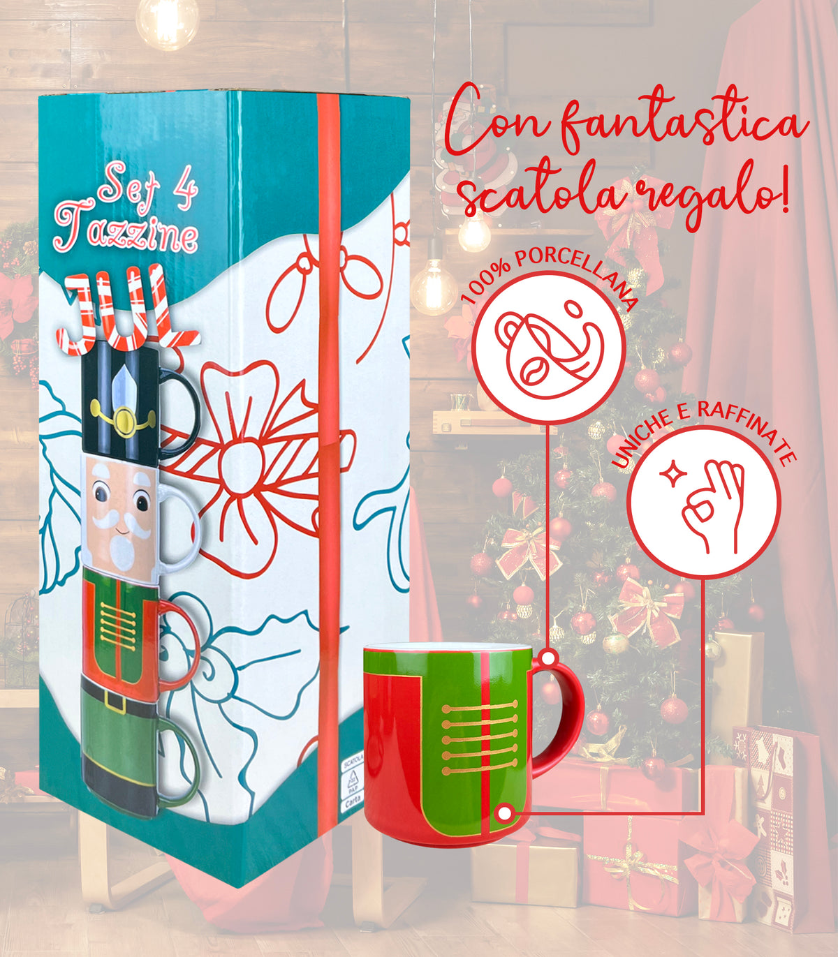 Set 4 Tazzine Da Caffè Con Supporto Fantasia Natale In Porcellana Idea Regalo Si Lavastoviglie Microonde