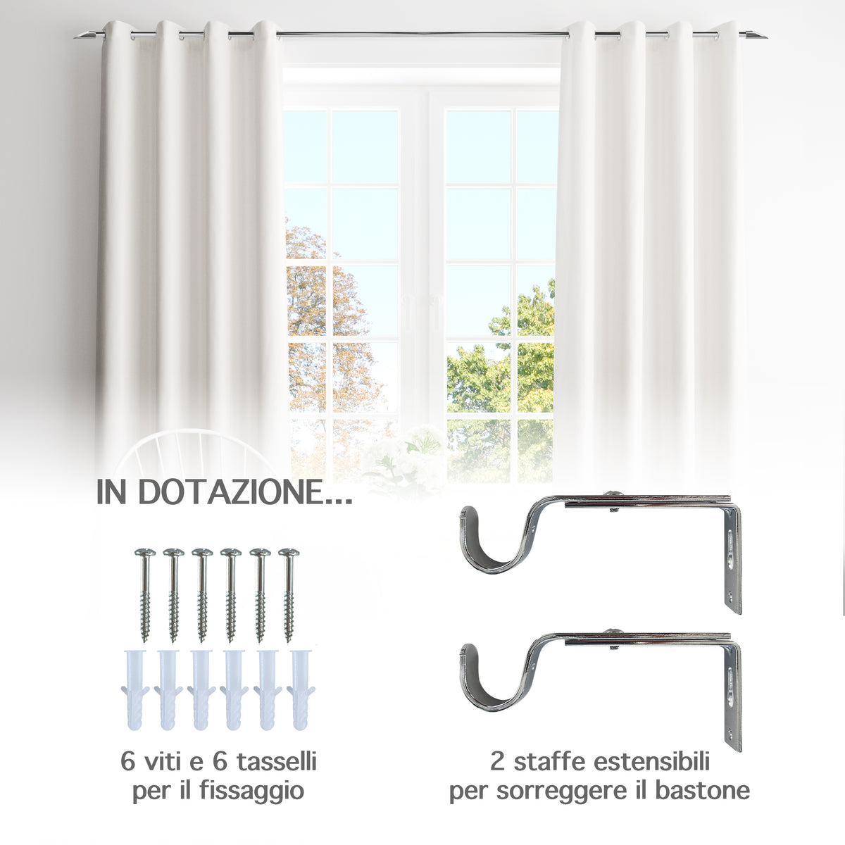 Bastone Per Tenda In Alluminio Estensibile 2 Misure 110/200 Cm 160/300 Cm Vari Terminali Lucidi e Satinati Supporti E Anelli Inclusi Bastoni Per Tende Staffa Tendaggi