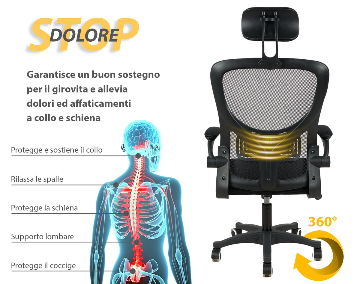 Sedia Da Ufficio Con Supporto Lombare, Sedia Scrivania Ergonomica Braccioli Regolabili Altezza Regolabile Schienale In Rete Traspirante,Oscillante