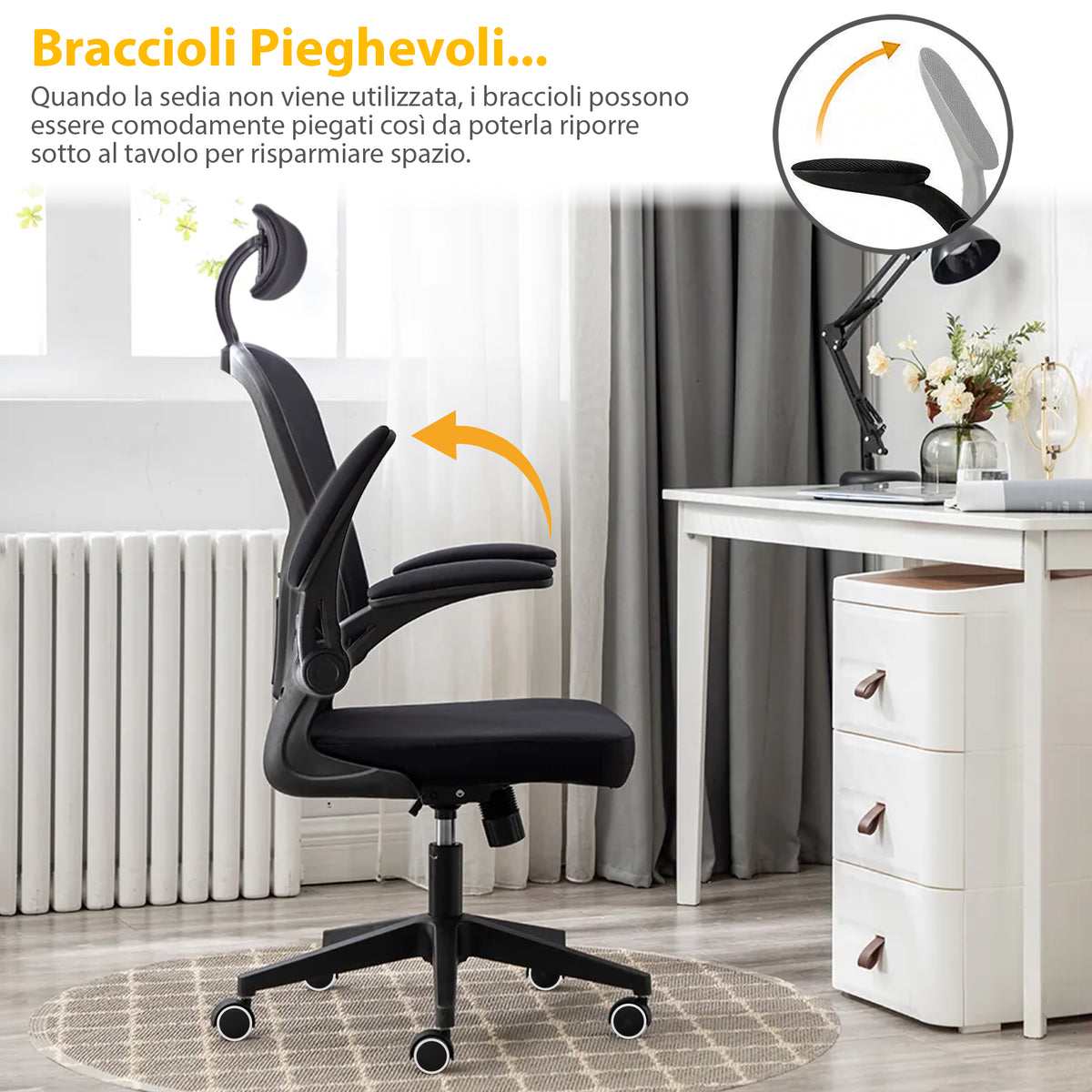 Sedia Da Ufficio Con Supporto Lombare, Sedia Scrivania Ergonomica Braccioli Regolabili Altezza Regolabile Schienale In Rete Traspirante,Oscillante