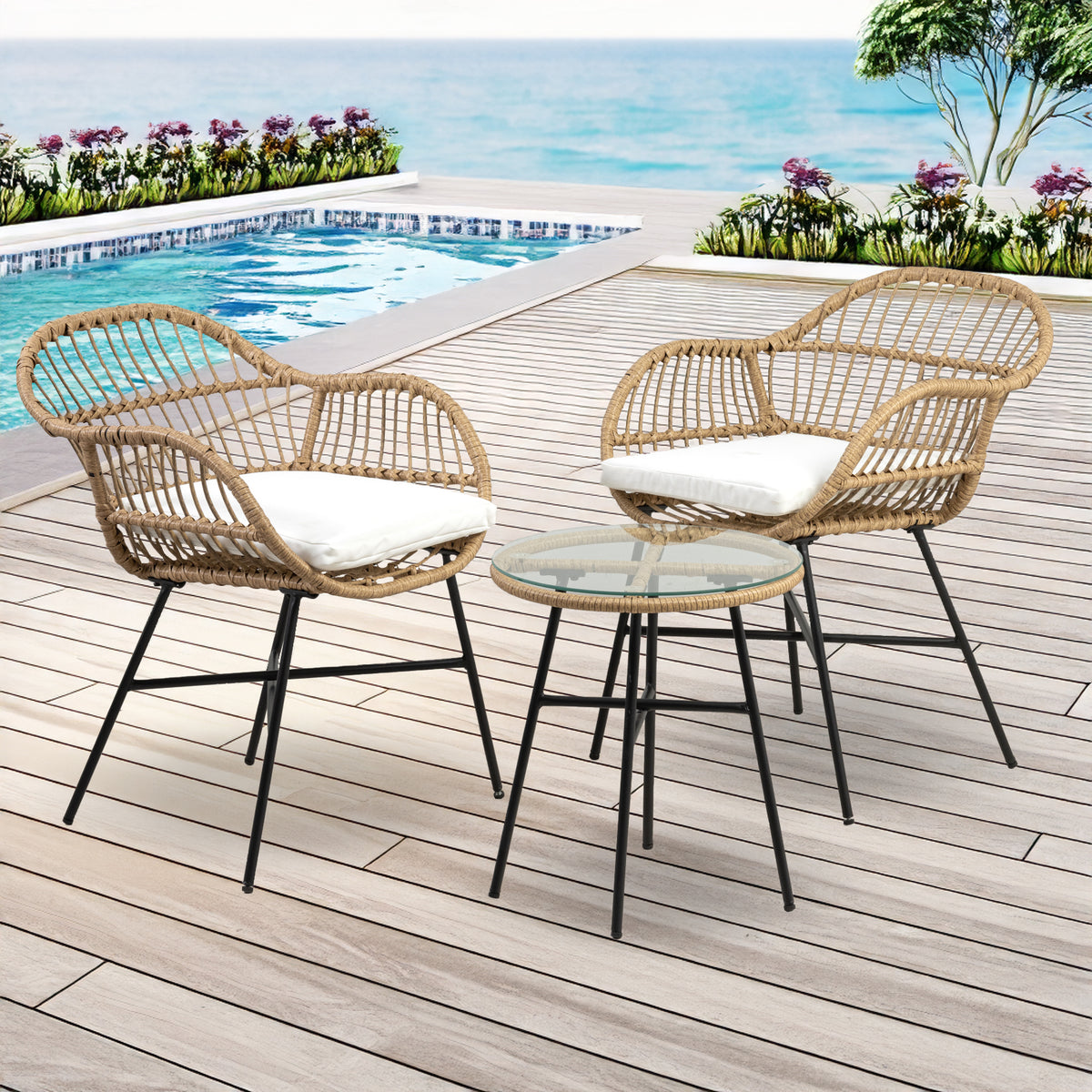 Salottino Da Esterno In Rattan Set Bistrot Poltrone E Tavolino Elegante Telaio In Acciaio Tavolo Salotto Con Piano In Vetro Con 2 Sedie Con Comodi Cuscini Terrazzo Balcone Giardino