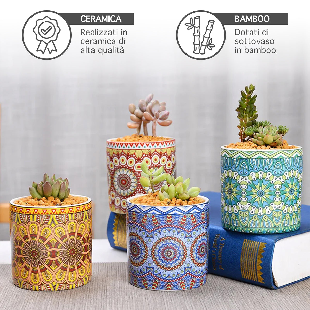 Set 4 Pezzi Vasi In Ceramica Con Decorazioni Fiori Piante Grasse Con Sotto Vaso In Bambù Foro Centrale Vasetti Cactus