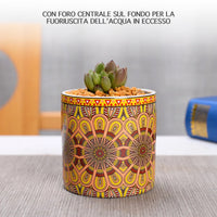 Set 4 Pezzi Vasi In Ceramica Con Decorazioni Fiori Piante Grasse Con Sotto Vaso In Bambù Foro Centrale Vasetti Cactus