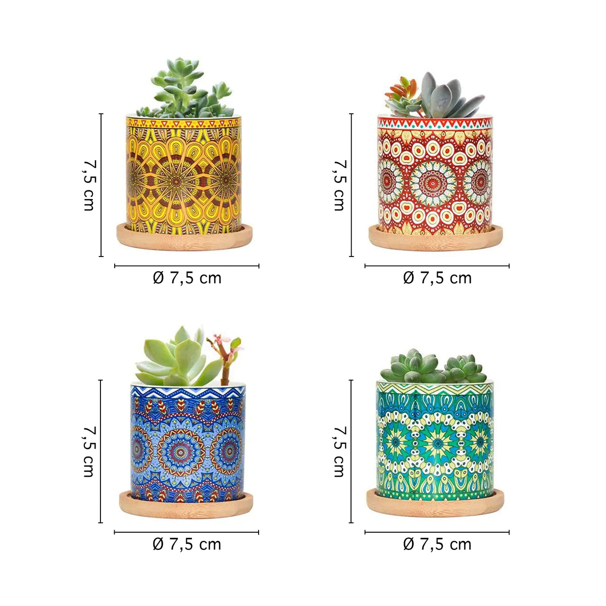 Set 4 Pezzi Vasi In Ceramica Con Decorazioni Fiori Piante Grasse Con Sotto Vaso In Bambù Foro Centrale Vasetti Cactus