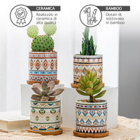 Set 4 Pezzi Vasi In Ceramica Con Decorazioni Fiori Piante Grasse Con Sotto Vaso In Bambù Foro Centrale Vasetti Cactus