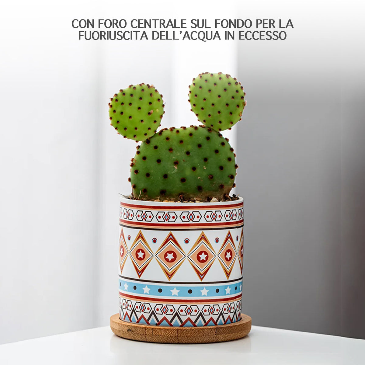 Set 4 Pezzi Vasi In Ceramica Con Decorazioni Fiori Piante Grasse Con Sotto Vaso In Bambù Foro Centrale Vasetti Cactus