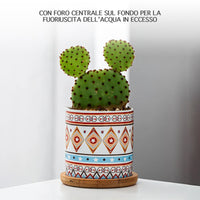 Set 4 Pezzi Vasi In Ceramica Con Decorazioni Fiori Piante Grasse Con Sotto Vaso In Bambù Foro Centrale Vasetti Cactus