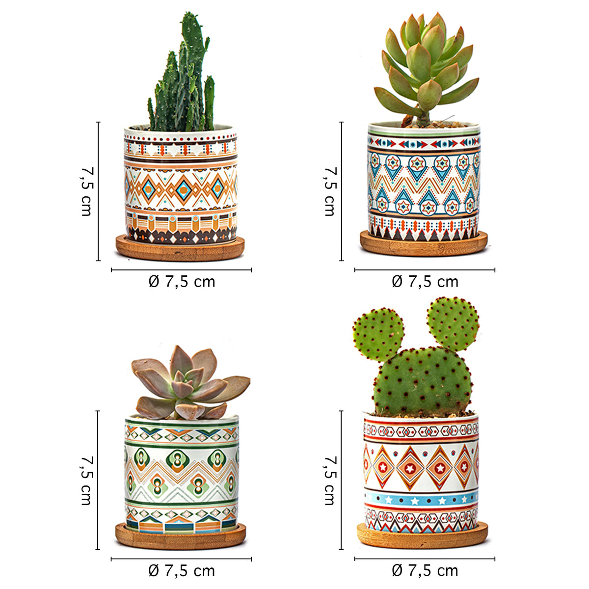 Set 4 Pezzi Vasi In Ceramica Con Decorazioni Fiori Piante Grasse Con Sotto Vaso In Bambù Foro Centrale Vasetti Cactus