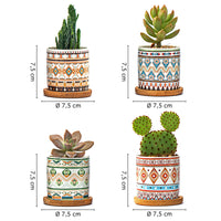 Set 4 Pezzi Vasi In Ceramica Con Decorazioni Fiori Piante Grasse Con Sotto Vaso In Bambù Foro Centrale Vasetti Cactus