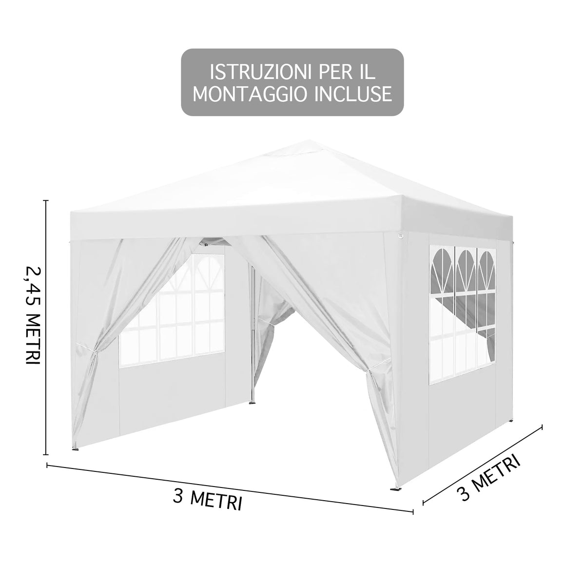 Gazebo 3 x 3 M Impermeabile Uv Resistente Con Pareti Laterali 2 Porte Con Cerniera E Finestre Pieghevole Struttura Acciaio