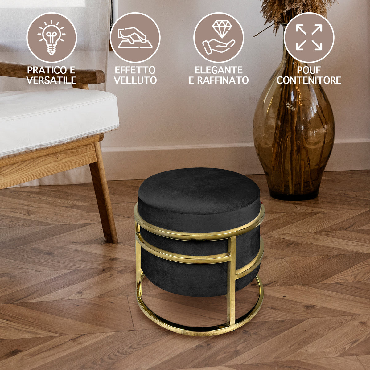 Pouf Contenitore Poggiapiedi Velluto Con Struttura Circolare Cromata Oro Elegante rotondo