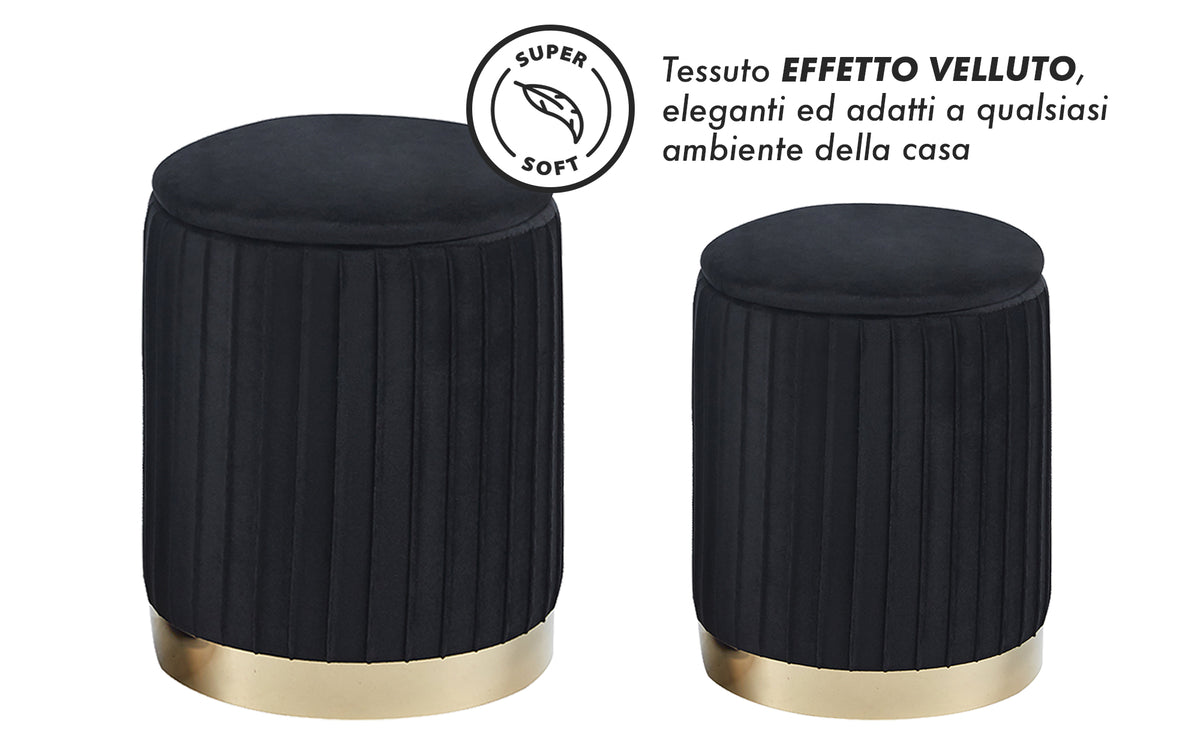 Set Di 2 Pouf Contenitori Velluto Design Moderno Poggiapiedi Sgabello A Coste Tondo Seduta Imbottita Fascia In Metallo Contenitore Capiente Storage Box Toeletta Trucco Poltroncina Bimbi Da Camera