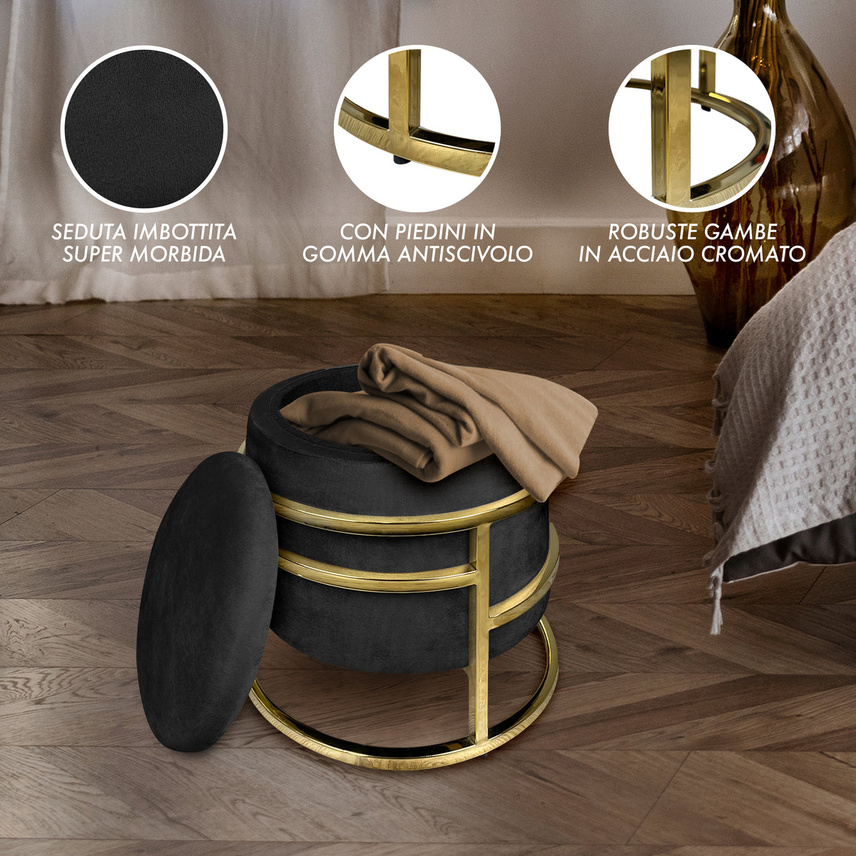 Pouf Contenitore Poggiapiedi Velluto Con Struttura Circolare Cromata Oro Elegante rotondo