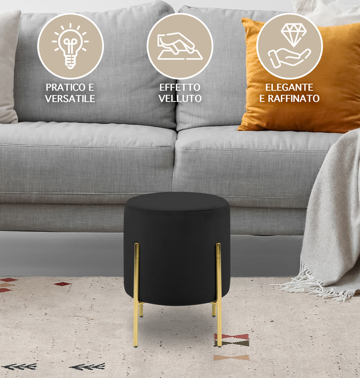 Pouf Poggiapiedi In Velluto Con Gambe Dorate Elegante Imbottito Sgabello Per Toeletta Mobile Trucco Ottomano Ingresso Tavolino Camera Da Letto Soggiorno Salotto Rotondo