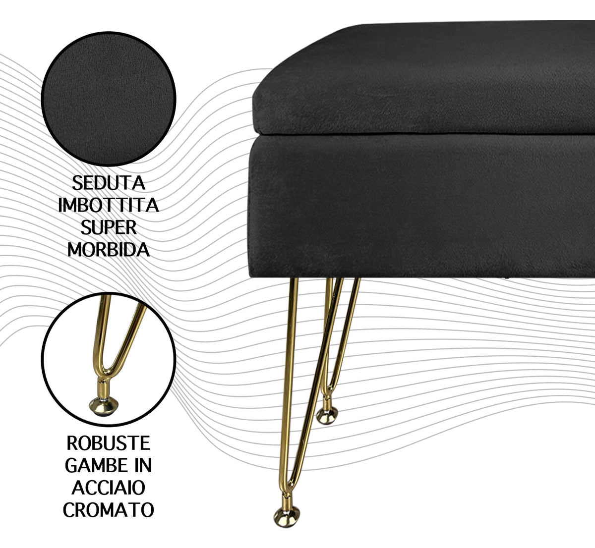 Pouf Panca Imbottita Divanetto In Velluto Contenitore PortaOggetti Con Gambe In Metallo Dorato Cassapanca Scarpiera Legno Massello