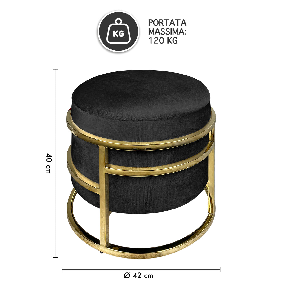 Pouf Contenitore Poggiapiedi Velluto Con Struttura Circolare Cromata Oro Elegante rotondo