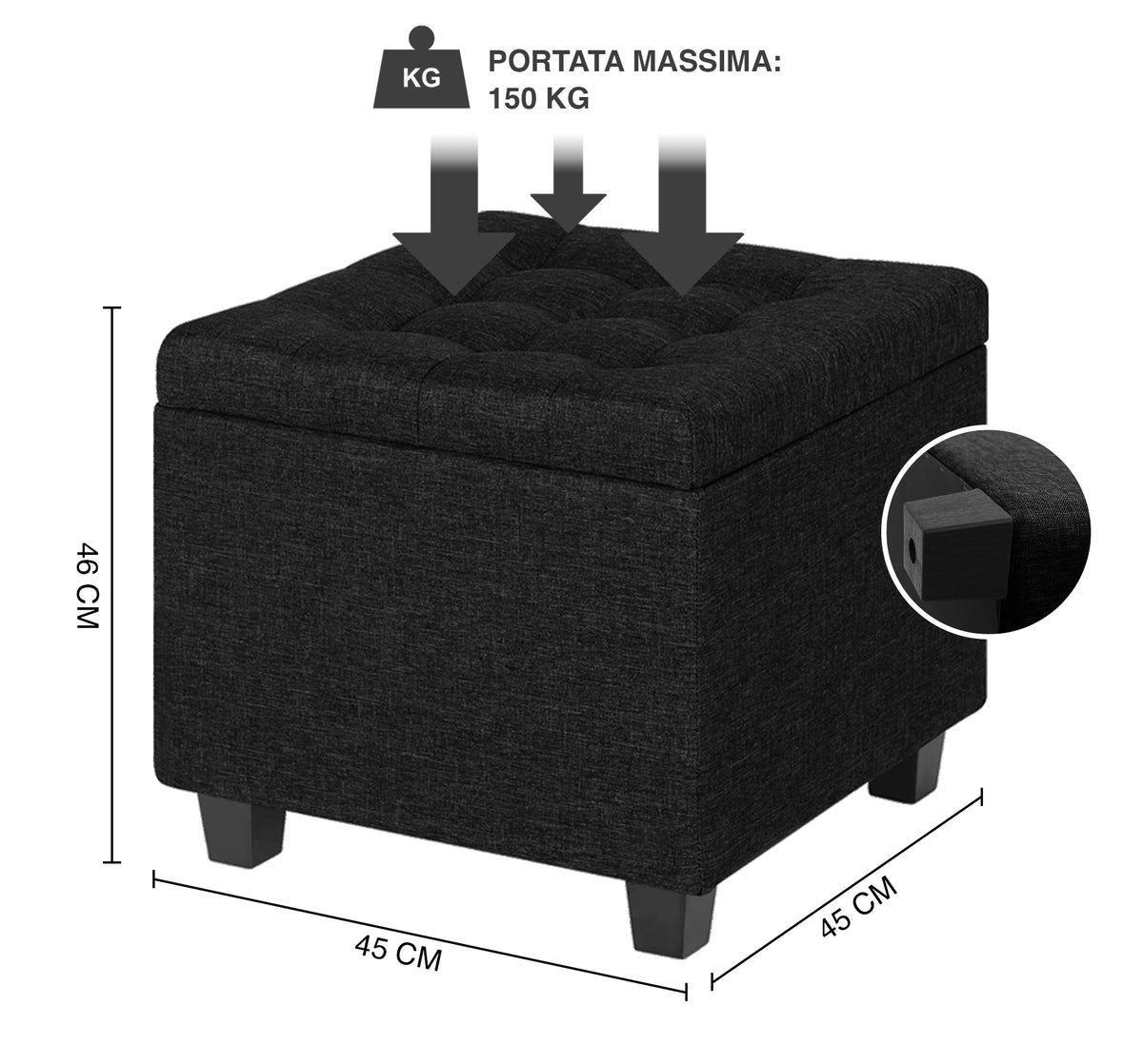 Pouf Poggiapiedi Cubico XXL Con Contenitore Integrato Cubo Imbottito Lino 45Cm Piedini legno Panca Moderna Cassapanca