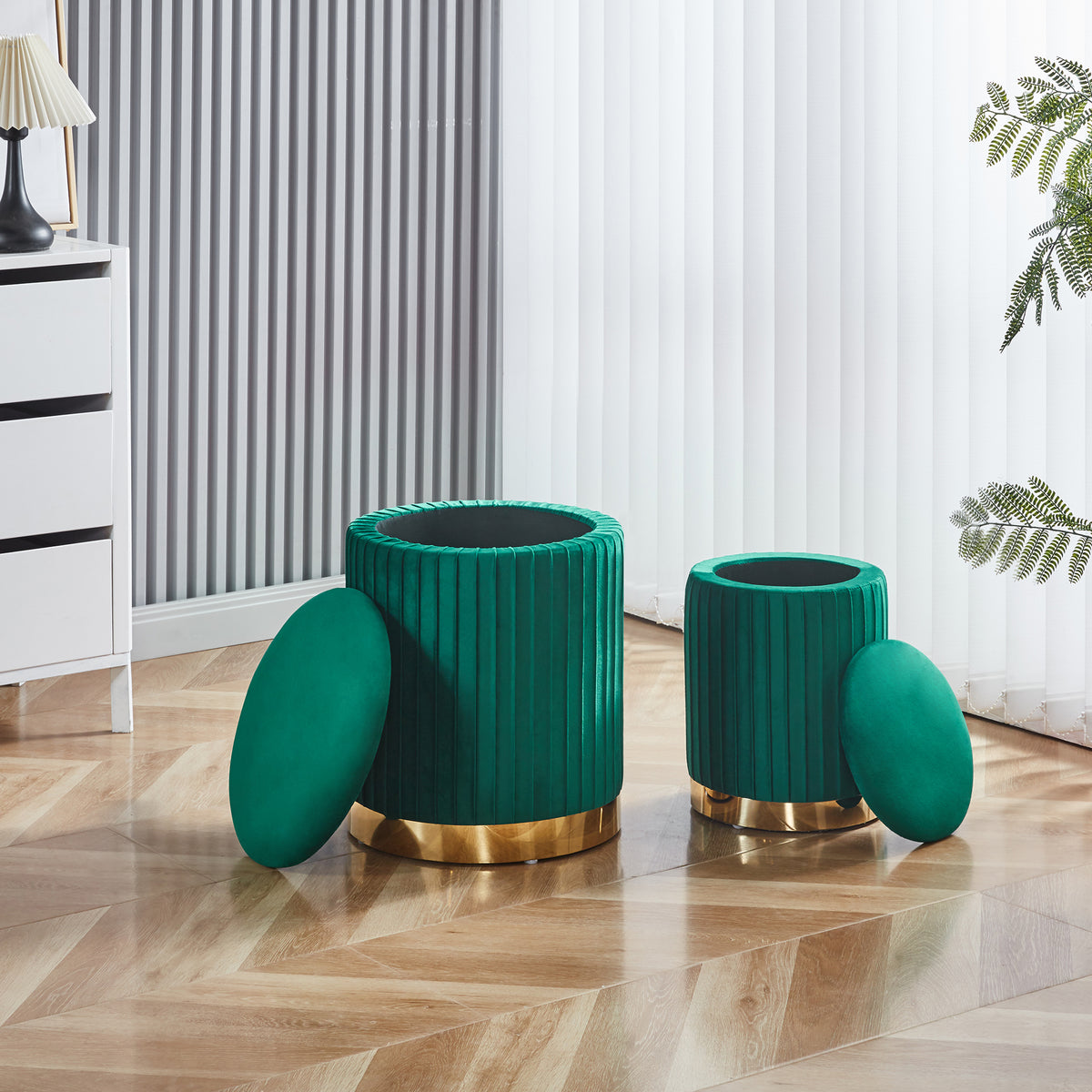 Set Di 2 Pouf Contenitori Velluto Design Moderno Poggiapiedi Sgabello A Coste Tondo Seduta Imbottita Fascia In Metallo Contenitore Capiente Storage Box Toeletta Trucco Poltroncina Bimbi Da Camera