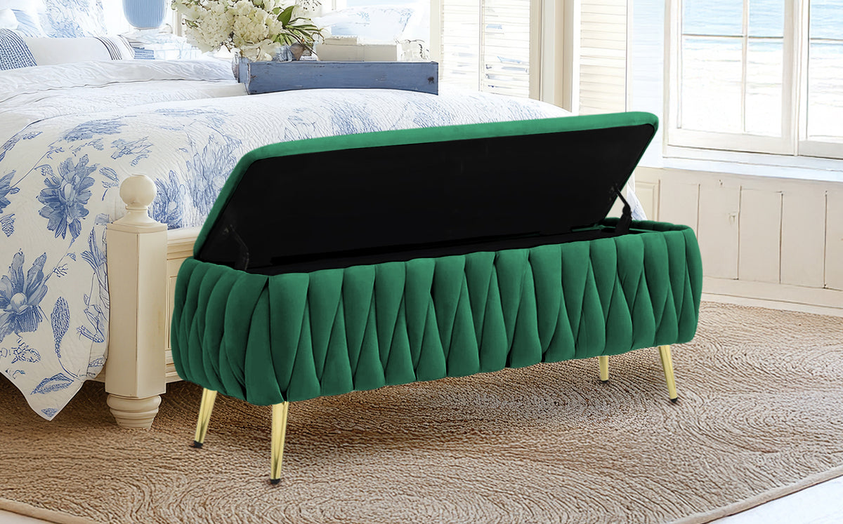 Panca Imbottita Divanetto In Velluto Contenitore Pouf Grande XXL Intrecciato Con Gambe In Metallo Dorato Cassapanca Ingresso Legno Massello Panchina