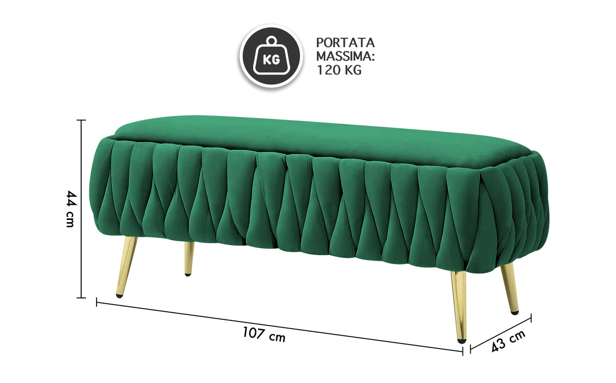 Panca Imbottita Divanetto In Velluto Contenitore Pouf Grande XXL Intrecciato Con Gambe In Metallo Dorato Cassapanca Ingresso Legno Massello Panchina