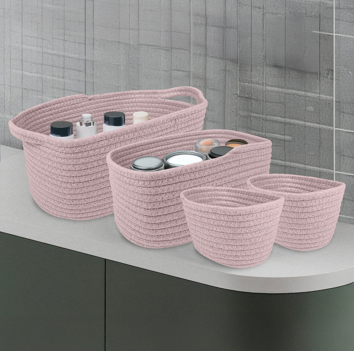 Set 4 Cestini Grandi In Corda Di Cotone Portaoggetti Moderni Tinta Unita Design Elegante Contenitori Impilabili Organizzazione Cestino Bagno Porta Lavette Accessori Stoccaggio