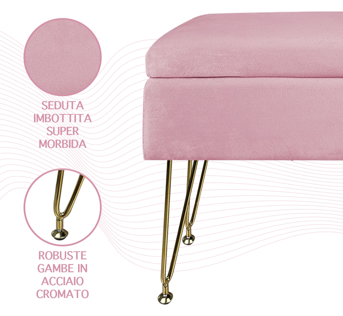 Pouf Panca Imbottita Divanetto In Velluto Contenitore PortaOggetti Con Gambe In Metallo Dorato Cassapanca Scarpiera Legno Massello