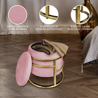 Pouf Contenitore Poggiapiedi Velluto Con Struttura Circolare Cromata Oro Elegante rotondo