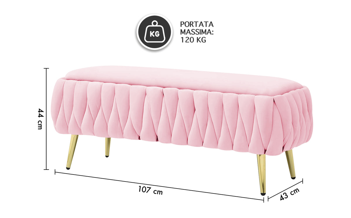 Panca Imbottita Divanetto In Velluto Contenitore Pouf Grande XXL Intrecciato Con Gambe In Metallo Dorato Cassapanca Ingresso Legno Massello Panchina