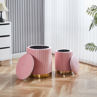 Set Di 2 Pouf Contenitori Velluto Design Moderno Poggiapiedi Sgabello A Coste Tondo Seduta Imbottita Fascia In Metallo Contenitore Capiente Storage Box Toeletta Trucco Poltroncina Bimbi Da Camera