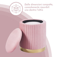 Set Di 2 Pouf Contenitori Velluto Design Moderno Poggiapiedi Sgabello A Coste Tondo Seduta Imbottita Fascia In Metallo Contenitore Capiente Storage Box Toeletta Trucco Poltroncina Bimbi Da Camera