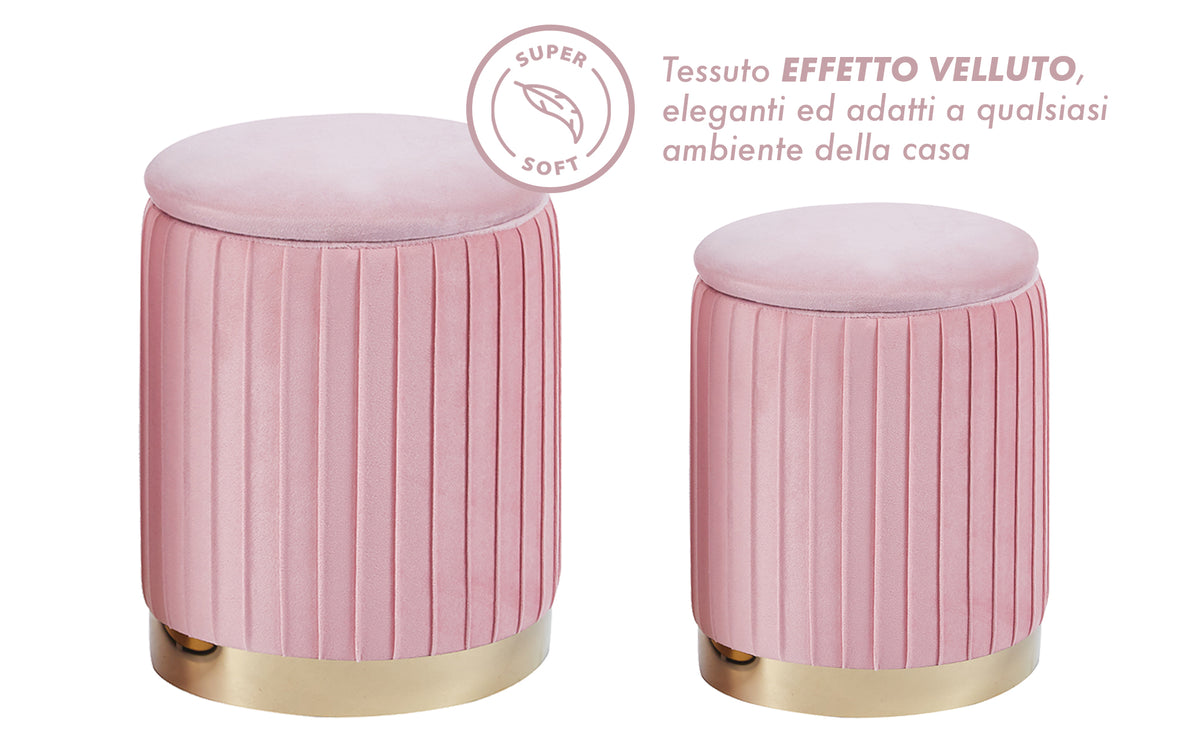 Set Di 2 Pouf Contenitori Velluto Design Moderno Poggiapiedi Sgabello A Coste Tondo Seduta Imbottita Fascia In Metallo Contenitore Capiente Storage Box Toeletta Trucco Poltroncina Bimbi Da Camera