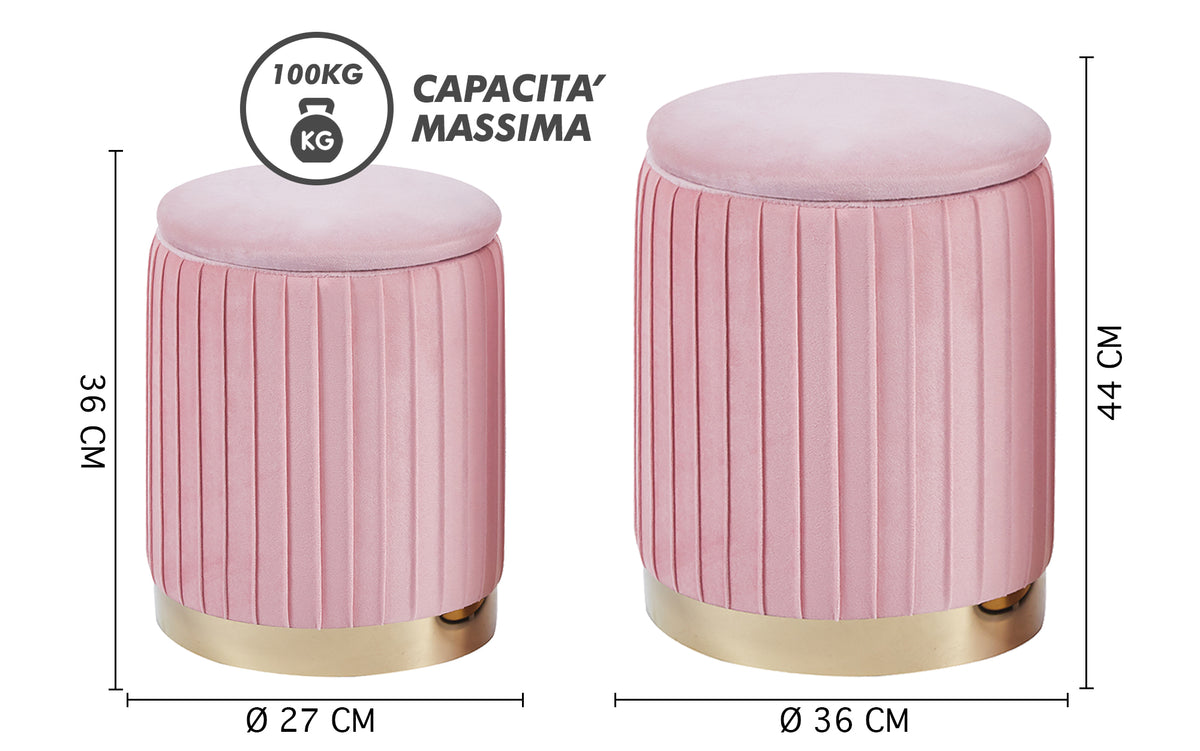 Set Di 2 Pouf Contenitori Velluto Design Moderno Poggiapiedi Sgabello A Coste Tondo Seduta Imbottita Fascia In Metallo Contenitore Capiente Storage Box Toeletta Trucco Poltroncina Bimbi Da Camera