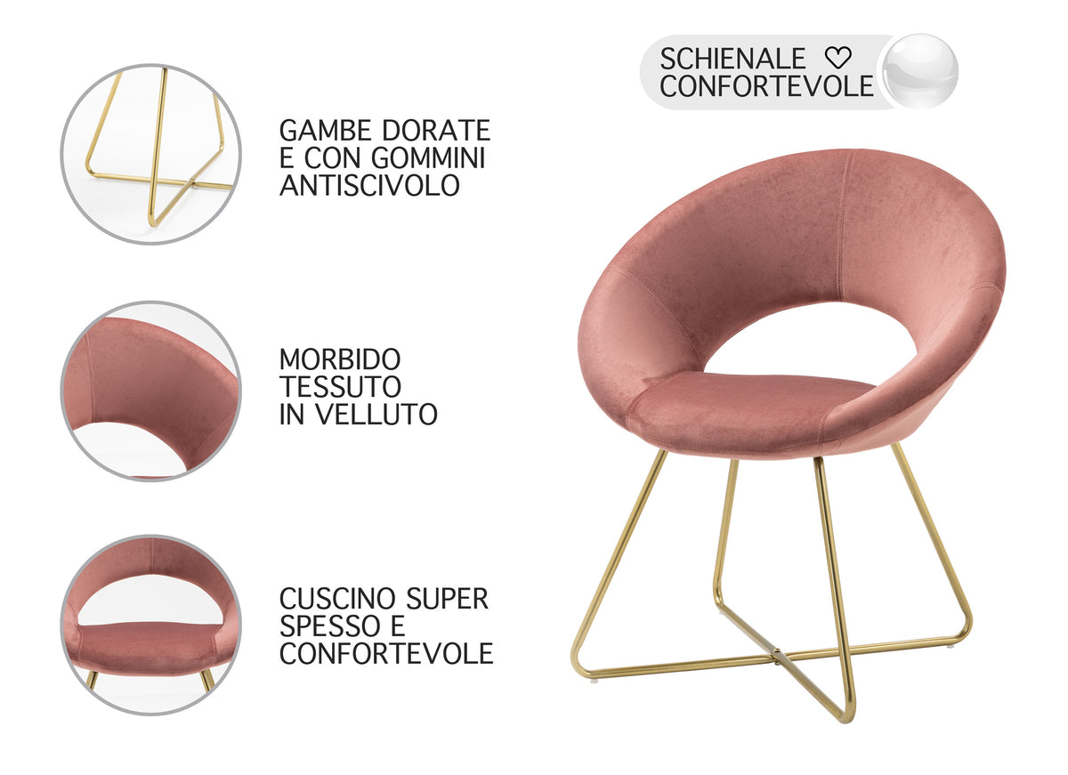 Poltrona Tonda Camera da Letto in Velluto Design Moderno,  con Gambe in Metallo Placcato Oro con Seduta Morbida Modello Grace