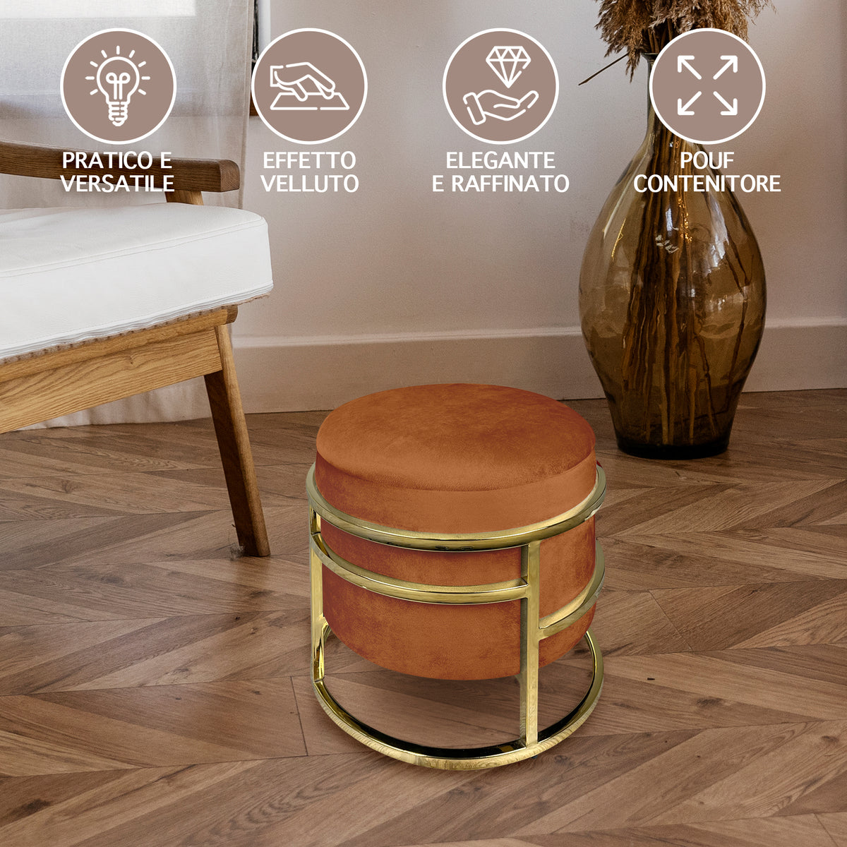 Pouf Contenitore Poggiapiedi Velluto Con Struttura Circolare Cromata Oro Elegante rotondo