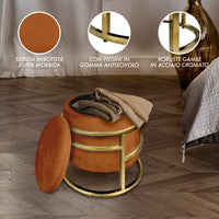 Pouf Contenitore Poggiapiedi Velluto Con Struttura Circolare Cromata Oro Elegante rotondo