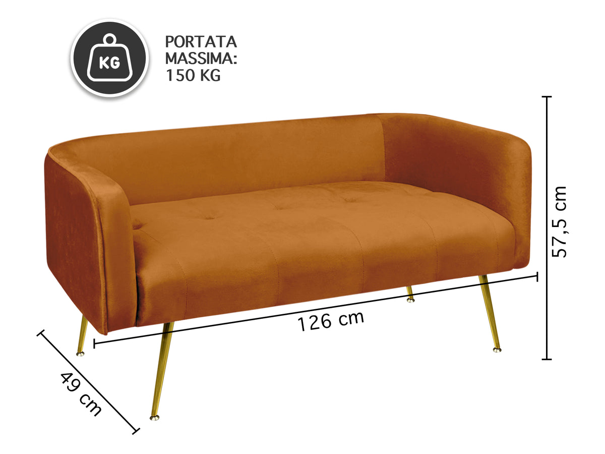 Divano Due Posti In Velluto Gambe In Acciaio Color Oro Divanetto 2 Persone 126x49x57 Cm Design Moderno Soggiorno Panca Pie Di Letto