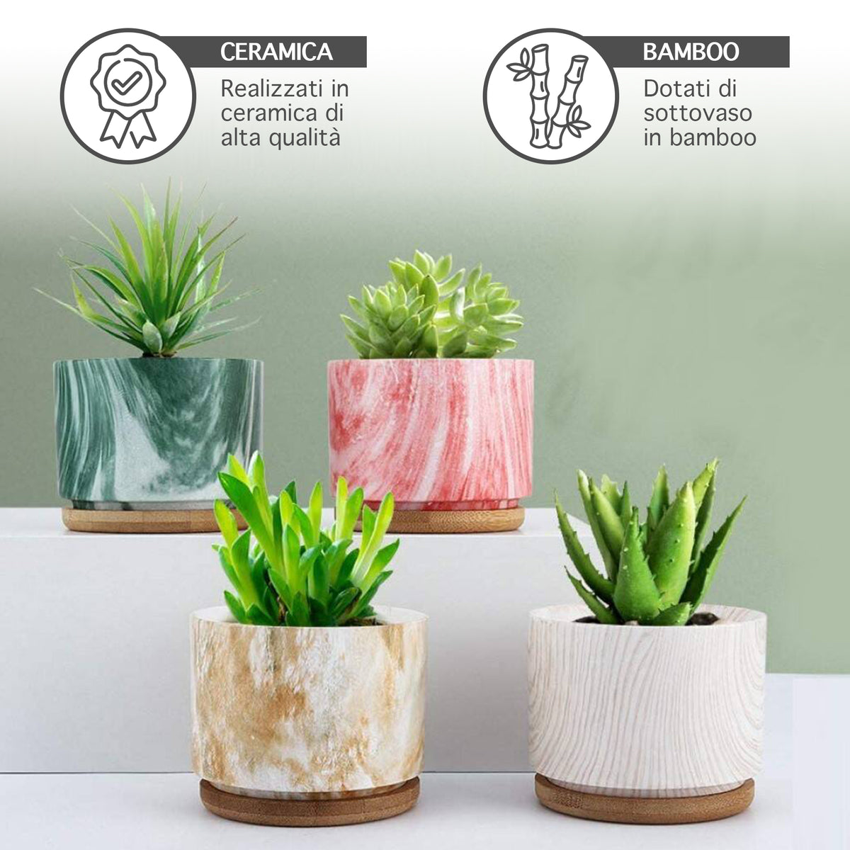 Set 4 Pezzi Vasi In Ceramica Con Decorazioni Fiori Piante Grasse Con Sotto Vaso In Bambù Foro Centrale Vasetti Cactus