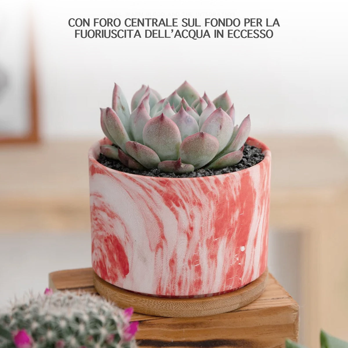 Set 4 Pezzi Vasi In Ceramica Con Decorazioni Fiori Piante Grasse Con Sotto Vaso In Bambù Foro Centrale Vasetti Cactus