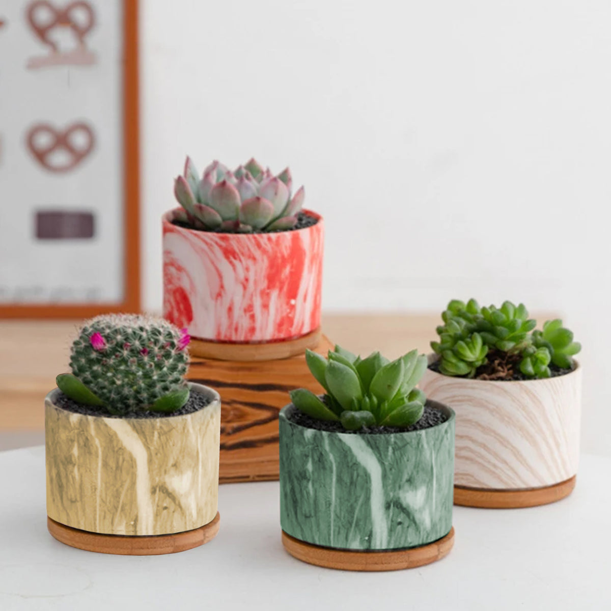 Set 4 Pezzi Vasi In Ceramica Con Decorazioni Fiori Piante Grasse Con Sotto Vaso In Bambù Foro Centrale Vasetti Cactus