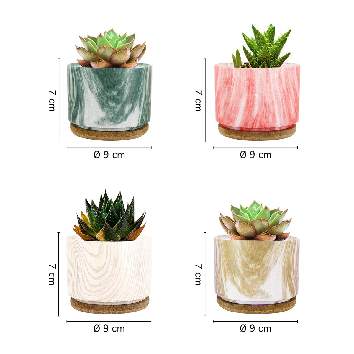 Set 4 Pezzi Vasi In Ceramica Con Decorazioni Fiori Piante Grasse Con Sotto Vaso In Bambù Foro Centrale Vasetti Cactus