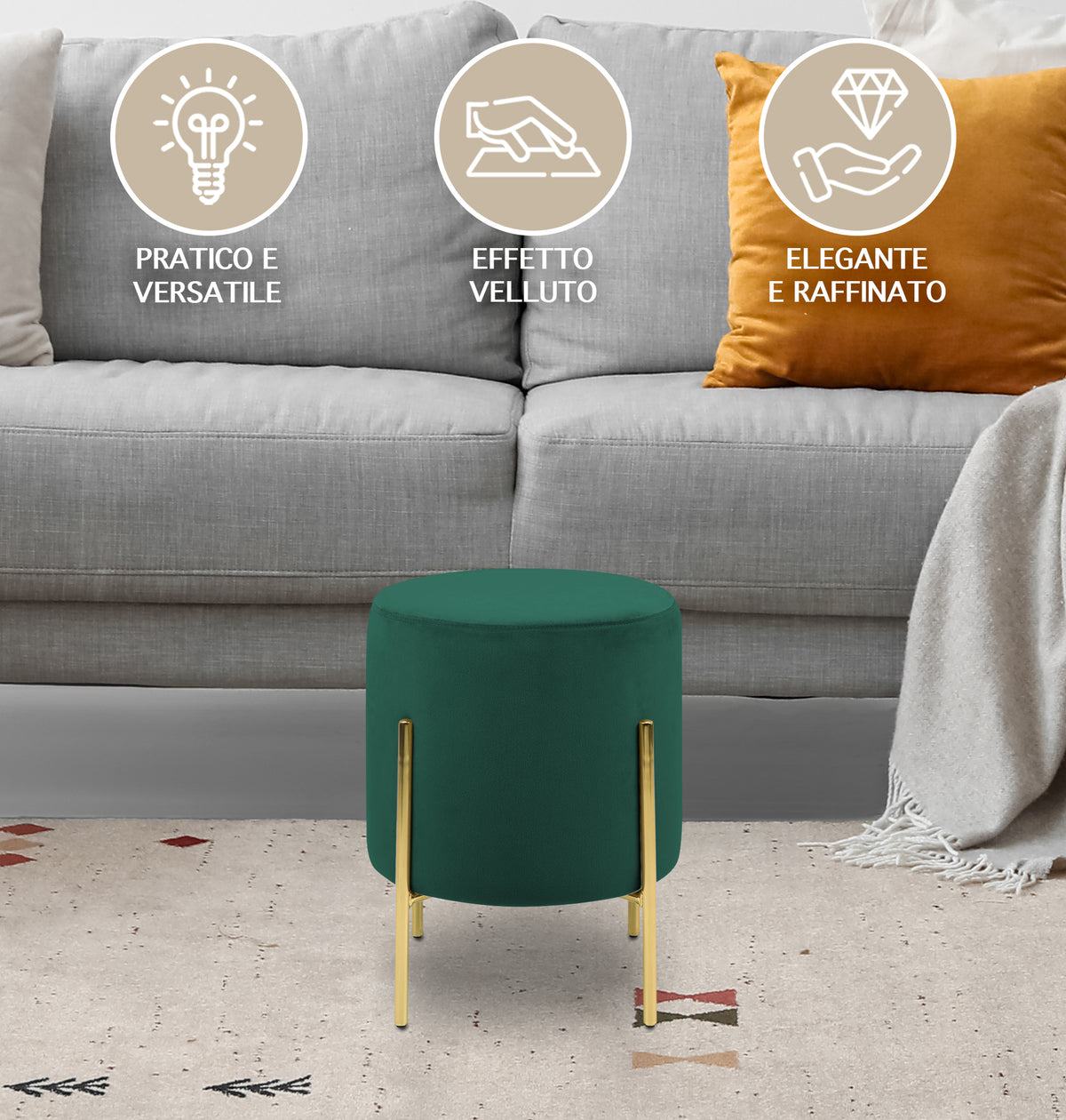 Pouf Poggiapiedi In Velluto Con Gambe Dorate Elegante Imbottito Sgabello Per Toeletta Mobile Trucco Ottomano Ingresso Tavolino Camera Da Letto Soggiorno Salotto Rotondo