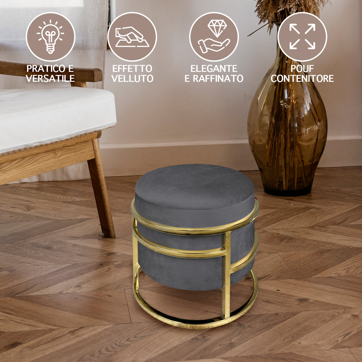 Pouf Contenitore Poggiapiedi Velluto Con Struttura Circolare Cromata Oro Elegante rotondo