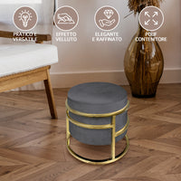 Pouf Contenitore Poggiapiedi Velluto Con Struttura Circolare Cromata Oro Elegante rotondo