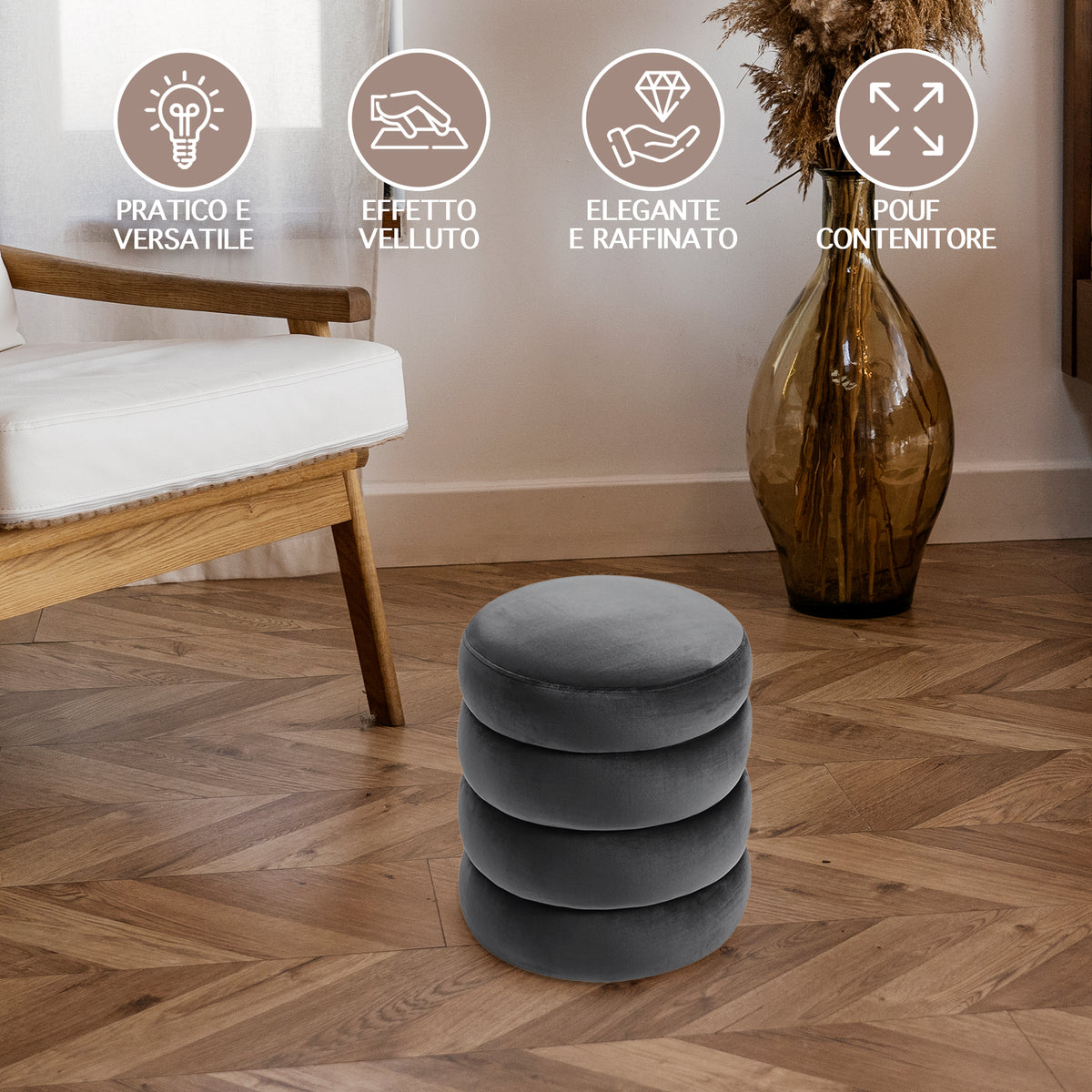 Pouf Poggiapiedi Design Moderno XL Con Contenitore Integrato Rotondo Imbottito In Velluto 40Cm Panca Moderna Cassapanca Soggiorno Panchina Ingresso Scarpiera Sgabello Grande