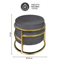 Pouf Contenitore Poggiapiedi Velluto Con Struttura Circolare Cromata Oro Elegante rotondo