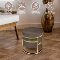 Pouf Contenitore Poggiapiedi Velluto Con Struttura Circolare Cromata Oro Elegante rotondo