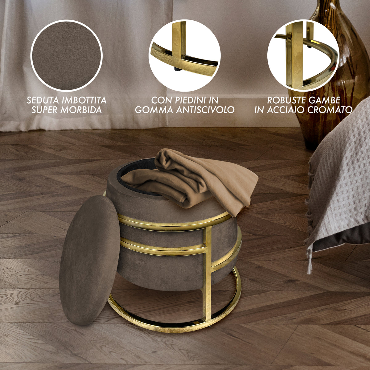 Pouf Contenitore Poggiapiedi Velluto Con Struttura Circolare Cromata Oro Elegante rotondo