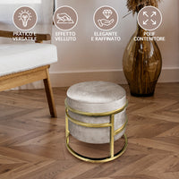 Pouf Contenitore Poggiapiedi Velluto Con Struttura Circolare Cromata Oro Elegante rotondo