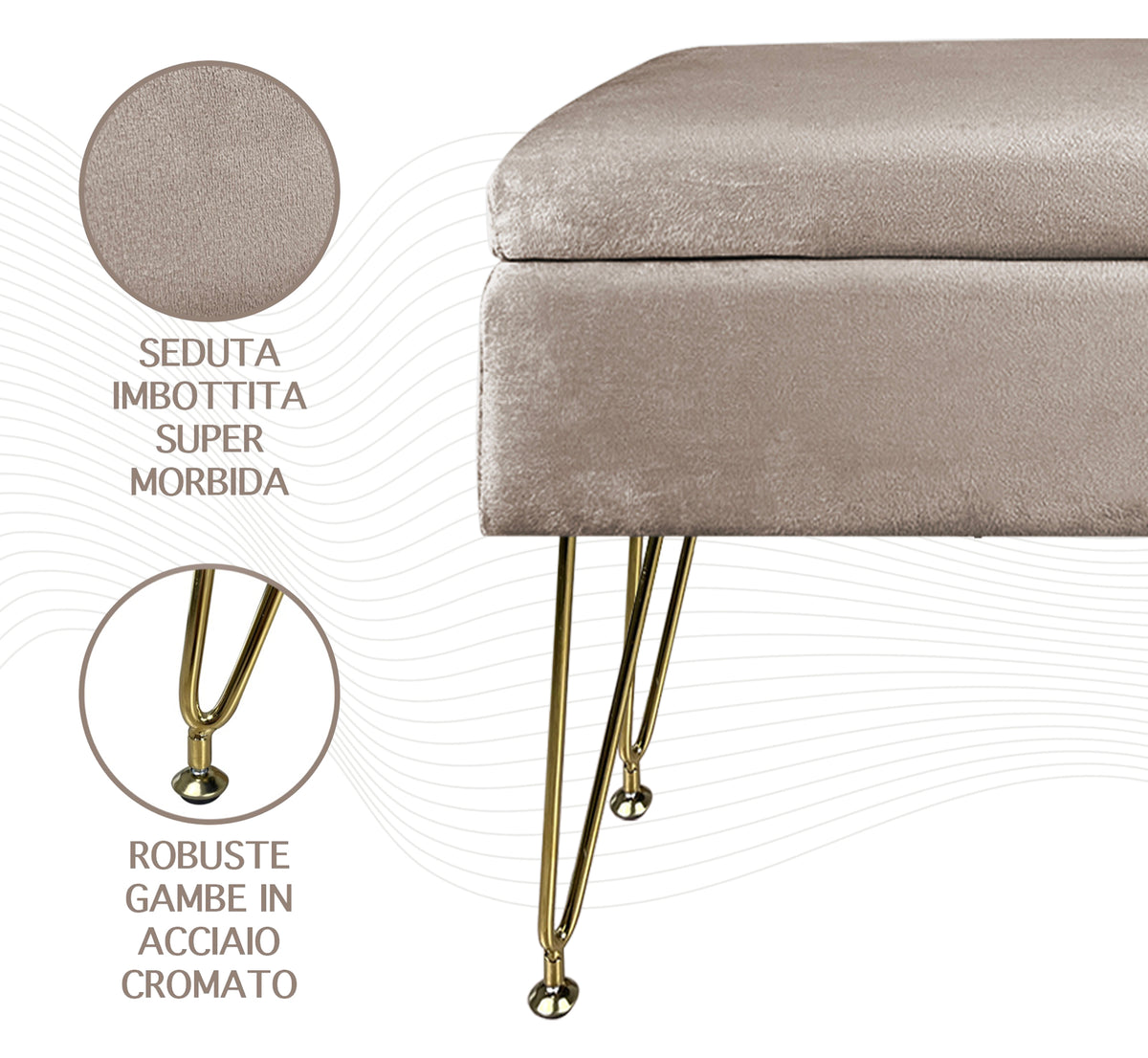 Pouf Panca Imbottita Divanetto In Velluto Contenitore PortaOggetti Con Gambe In Metallo Dorato Cassapanca Scarpiera Legno Massello