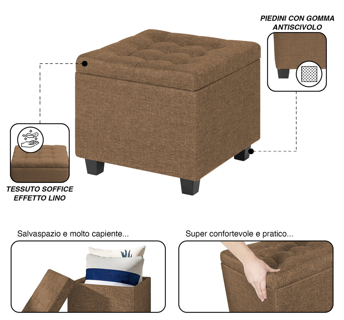 Pouf Poggiapiedi Cubico XXL Con Contenitore Integrato Cubo Imbottito Lino 45Cm Piedini legno Panca Moderna Cassapanca